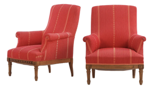 Near Pair of Edwardian Walnut Library Armchairs in Crimson Striped Upholstery, C. 1900