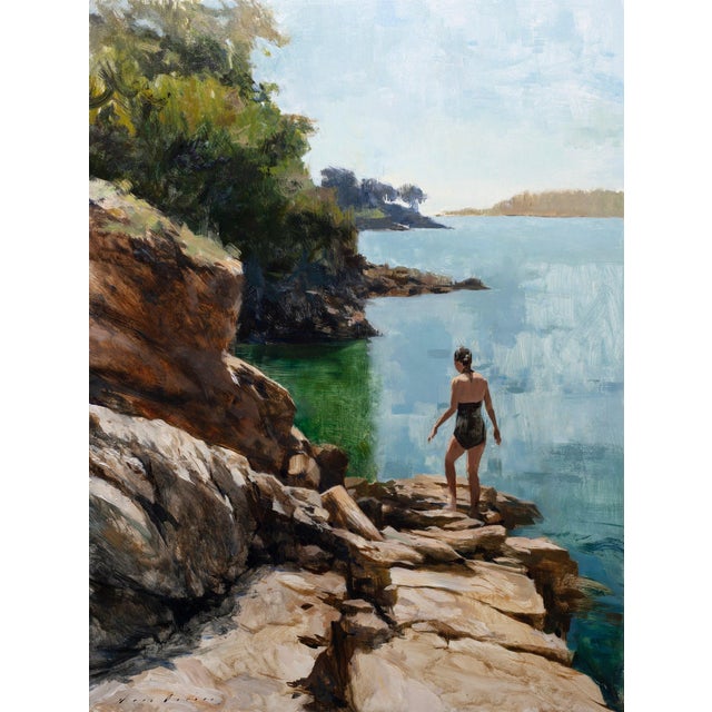 "Into the Reflections" is an oil on panel painting by Jon Doran, completed in 2026. A figure in a swimsuit pauses on a...