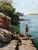 "Into the Reflections" is an oil on panel painting by Jon Doran, completed in 2026. A figure in a swimsuit pauses on a...