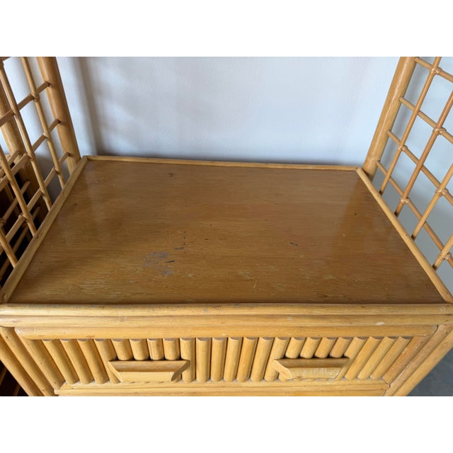 Vintage Coastal Pagoda-Style Rattan Etagères With Three Drawers – A Pair For Sale - Image 9 of 12