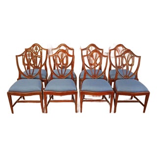1990s Set of 8 Regency Style Solid Mahogany Fleur-De-Lis Blue Fabric Dining Chairs For Sale