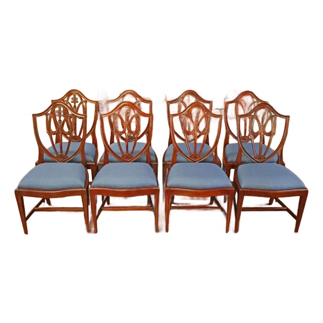 1990s Set of 8 Regency Style Solid Mahogany Fleur-De-Lis Blue Fabric Dining Chairs For Sale