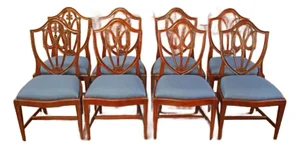 1990s Set of 8 Regency Style Solid Mahogany Fleur-De-Lis Blue Fabric Dining Chairs