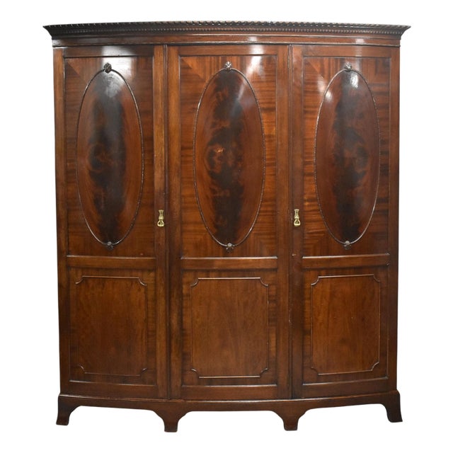 Edwardian Flame Mahogany Bow Front Wardrobe, 1900s For Sale