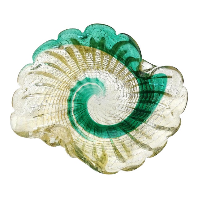 Vintage Murano Gold Flecks Emerald Green Swirl Paint Stroke Italian Art Glass Ribbed Bowl Dish For Sale