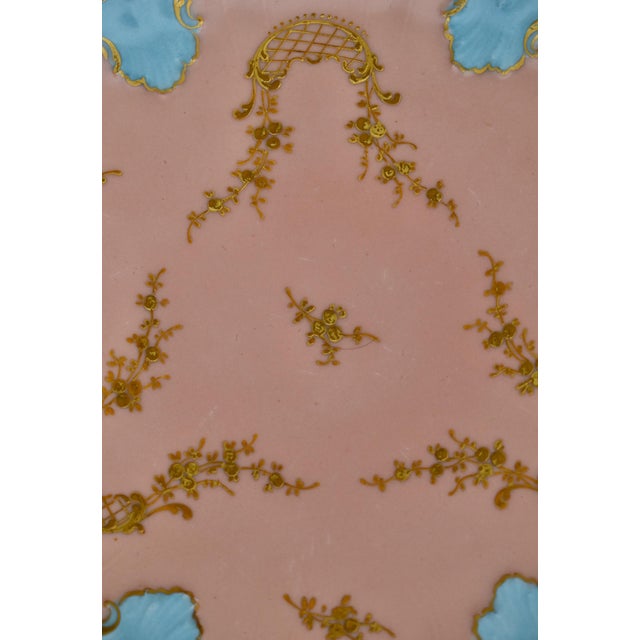 1910s Antique Ak Co Limoges Plate France Pink Cabinet Hand Painted Blue Gold Gilt For Sale - Image 5 of 10