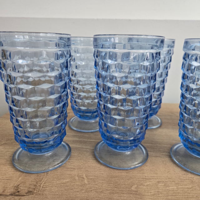 Mid 20th Century Vintage Indiana Glass Colony Whitehall Cubist Ice Blue Tumblers 6" - Set of 8 For Sale - Image 5 of 7