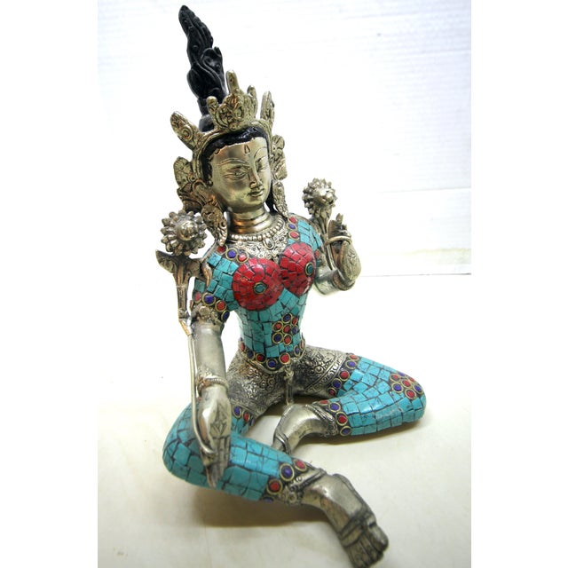 Mid-Century Tibetan-Style Inlaid Brass Green Tara Statue – 11" H For Sale - Image 4 of 18