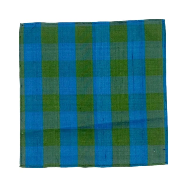 Textile Vintage Set 4 Blue Green Silk Gingham Plaid Cocktail Napkins Barware For Sale - Image 7 of 13