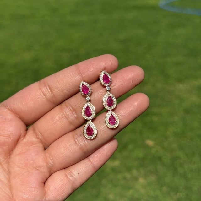 2.05ct Pear Cut Mozambique Ruby Diamond Triple Drop Earrings in 14k Gold- 2 Pieces For Sale In New York - Image 6 of 13