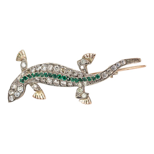 14k Gold & Sterling Silver Lizard Brooch With Natural Diamonds and Emeralds For Sale