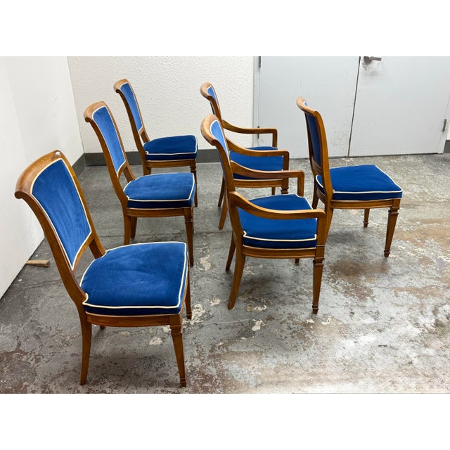 Heritage Neoclassical Blue Velvet Dining Chairs, Set of Six For Sale - Image 4 of 12