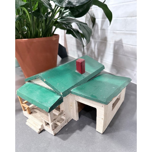 Wood Vintage Handmade Folk Art House Model With Green Roof For Sale - Image 7 of 7