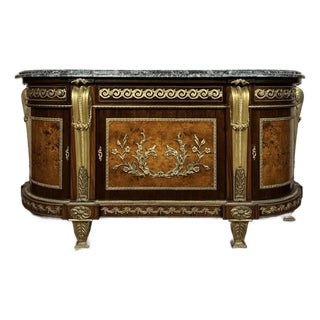 Mid 20th Century Louis XVI Style Demi-Lune Commode With Gilt Mounts and Green Marble Top For Sale