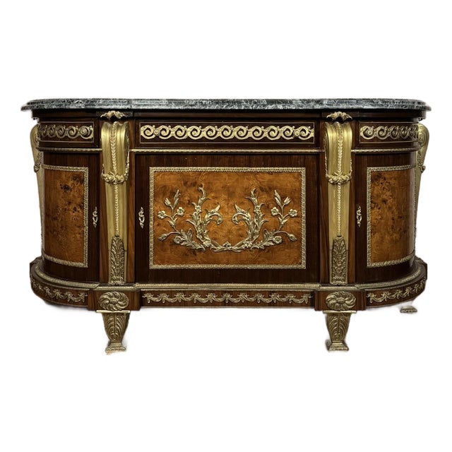 Mid 20th Century Louis XVI Style Demi-Lune Commode With Gilt Mounts and Green Marble Top For Sale
