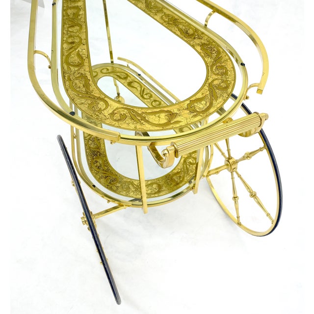 Charles Hollis Jones Brass Etched Glass Mid Century Modern Serving Bar Cart Wagon Style Wheels MINT For Sale - Image 4 of 14
