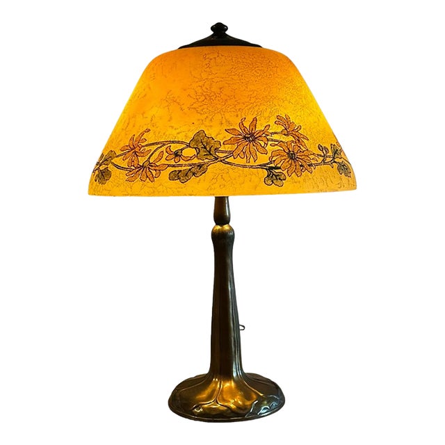 Antique Handel Reverse Painted Glass Floral Boudoir Table Lamp For Sale