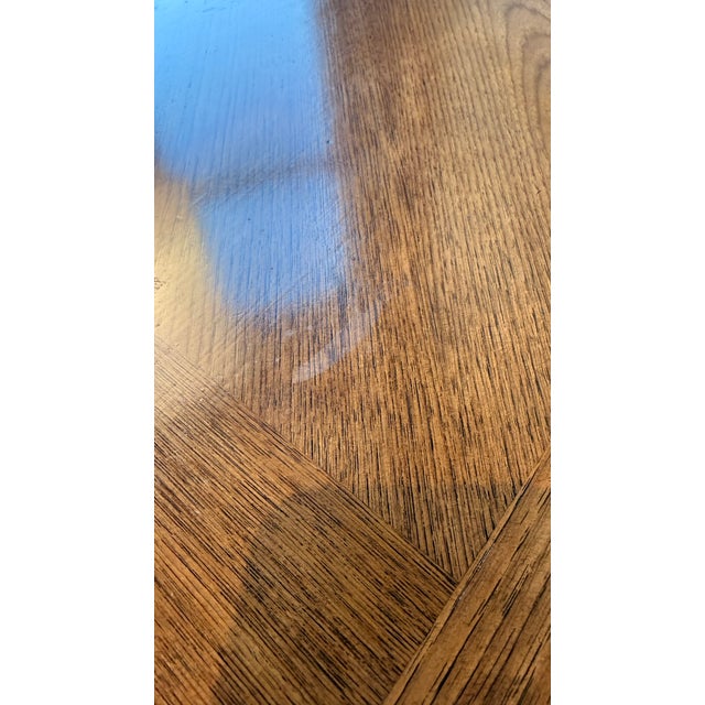 1970s 1970s Henredon 44” Round Game Table With Starburst Oak Top & Brass Mounted Base For Sale - Image 5 of 13