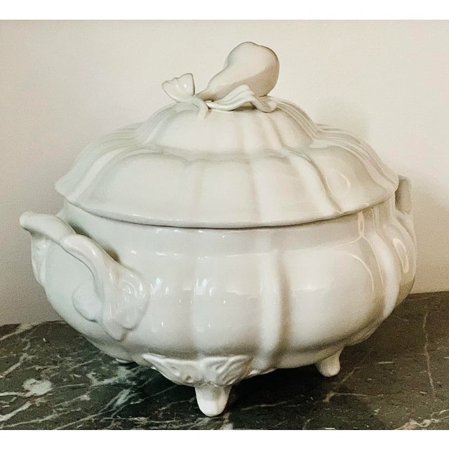 Portuguese Blanc De Chine Centerpiece Soup Tureen With Ornate Delicate Feet & Handles, a Ribbed Body, and Topped With a...