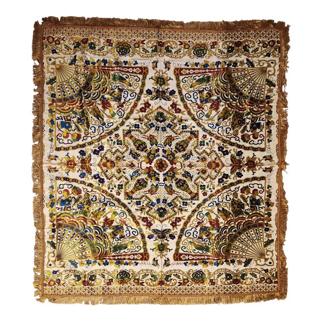 Vintage Gold Brocade Silk Blend Chinoiserie Fringe Tablecloth or Tapestry 55 X 49 For Sale