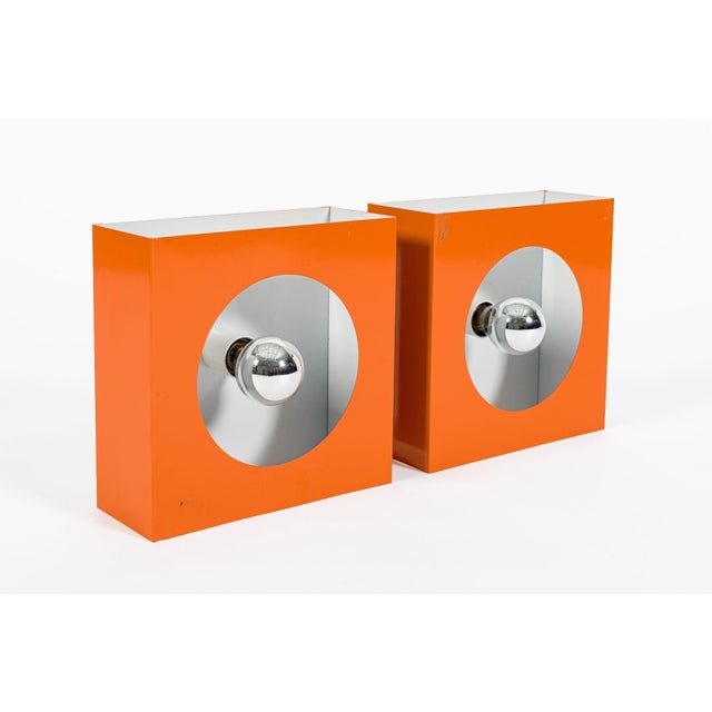 Vintage Mid Century Modern Attributed to Disderot Orange Metal Wall Light Sconces For Sale In Detroit - Image 6 of 10
