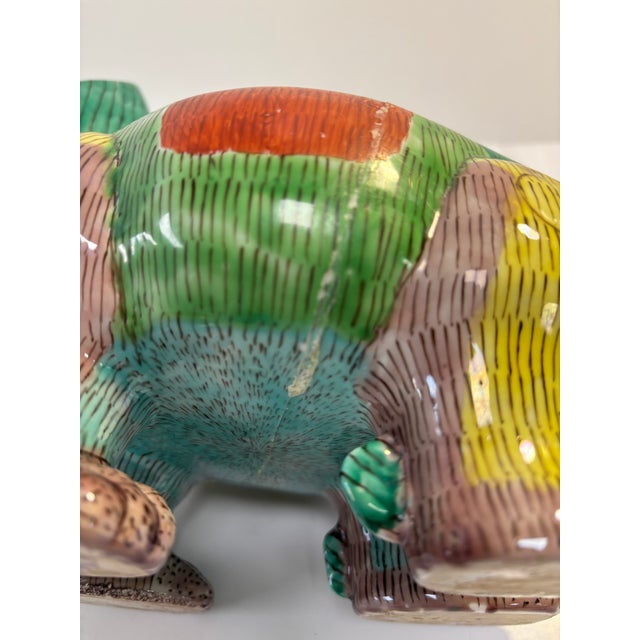 Vintage Chinese Guardian Lion/Foo Dog Ceramic Lidded Boxes/Tureens With Wooden Stands - Set of 2 For Sale - Image 18 of 18