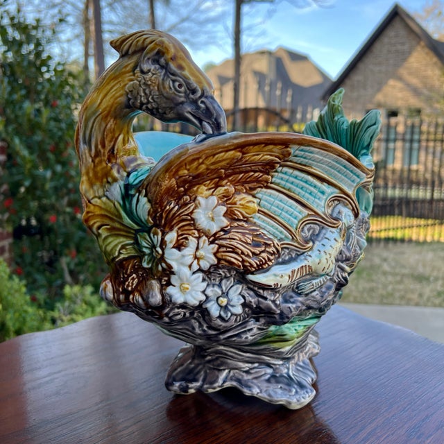 Ceramic Antique French Majolica Onnaing Cache Pot Planter Bowl Jardiniere Phoenix Bird For Sale - Image 7 of 12