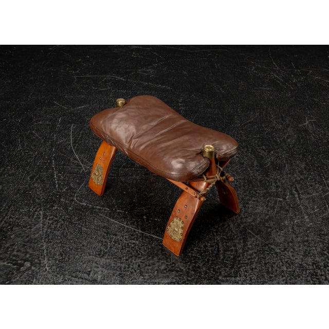 Moroccan Camel Saddle Stool in Stained Wood with Brass and Leather, 1980s For Sale - Image 13 of 18