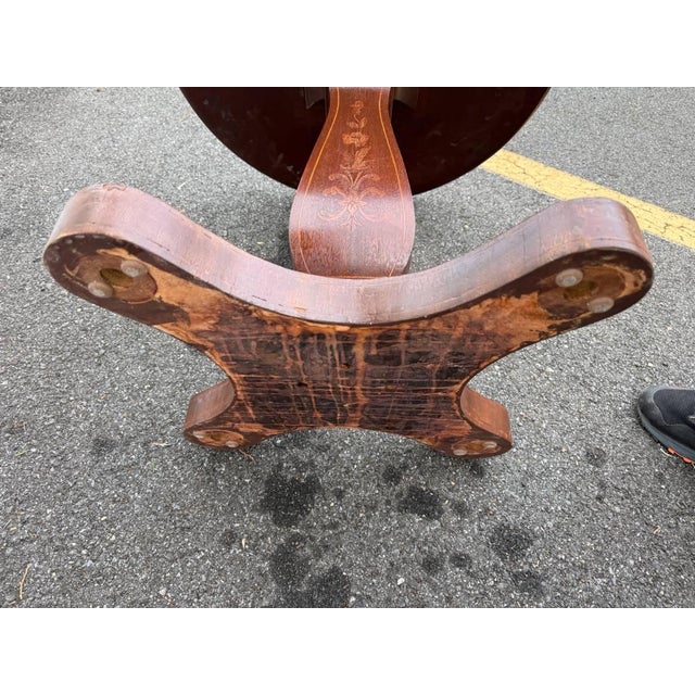 English Mid 20th Century Charles X French-Style Marquetry Inlaid Pedestal Center Table For Sale - Image 3 of 15