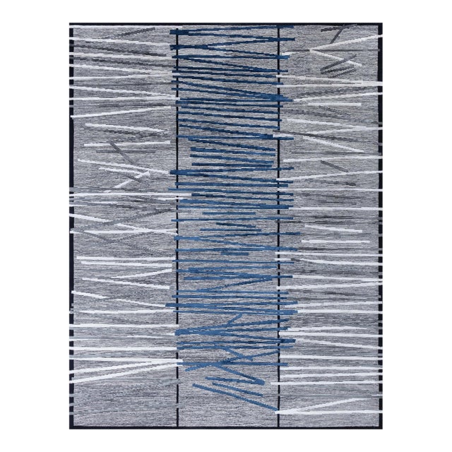 Modern Geometric Art Deco Wool & Silk Rug in Blue and Gray by Doris Leslie Blau For Sale