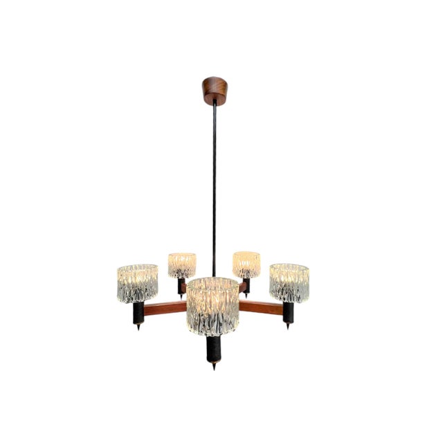 Orrefors Teak and Textured Glass Chandelier by Carl Fagerlund for Orrefors, 1960s For Sale - Image 4 of 16
