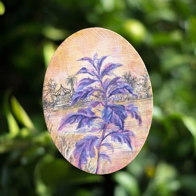 Perpetual Foreigner Purple by Cindy Shih | Mixed Media on Panel Purple plant with a landscape background For Sale