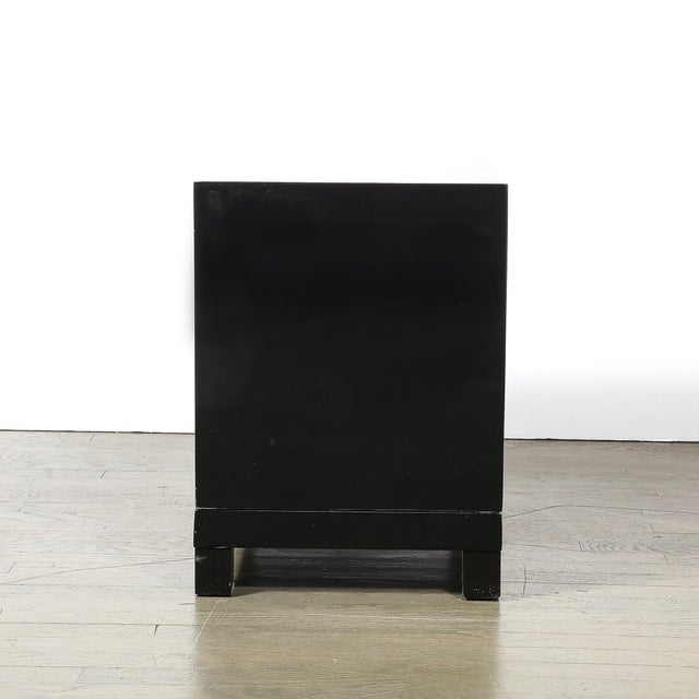Black Mid-Century Modernist Rectilinear Nightstands in Black Lacquer With Greek Pulls For Sale - Image 8 of 11