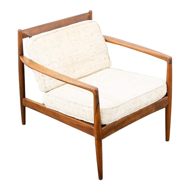 Mid Century Danish Modern Lounge Chair Walnut Wool Fabric Armchair Vintage White For Sale