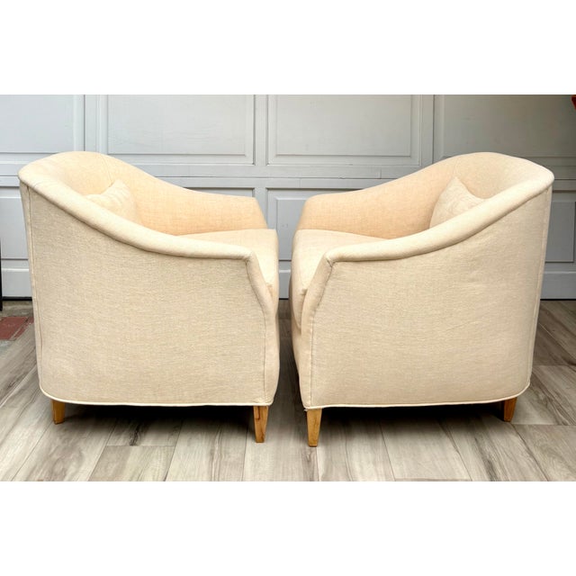 Apricot Pair of Vintage Curved Barrel Chairs in Pale Apricot Linen Blend For Sale - Image 8 of 16