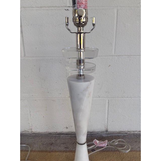 Stylish Currey & Co Modern White Marble & Glass Lamps - Pair. Hourglass shaped body with glass discs. Showroom floor sample.