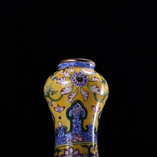 Vintage Chinese Gilt Copper Enamel "Bird & Flower" Garlic-Mouth Vase - 1180g For Sale - Image 4 of 9