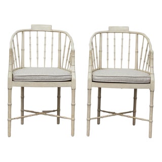 Pair of Baker Furniture Faux Bamboo Upholstered Armchairs in Soft White Finish For Sale
