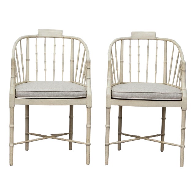 Pair of Baker Furniture Faux Bamboo Upholstered Armchairs in Soft White Finish For Sale