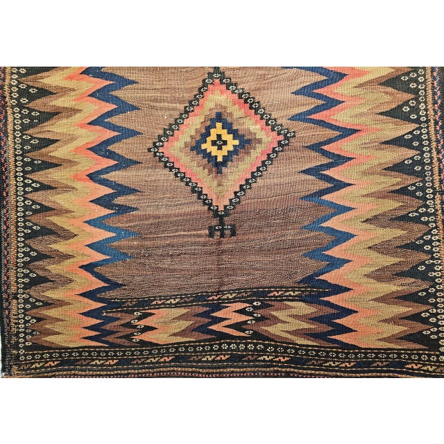 Antique Persian Qashqai Tribal Sofreh Kilim Rug, Handwoven Wool, Geometric Pattern, Brown, 4x4 For Sale In Chicago - Image 6 of 13