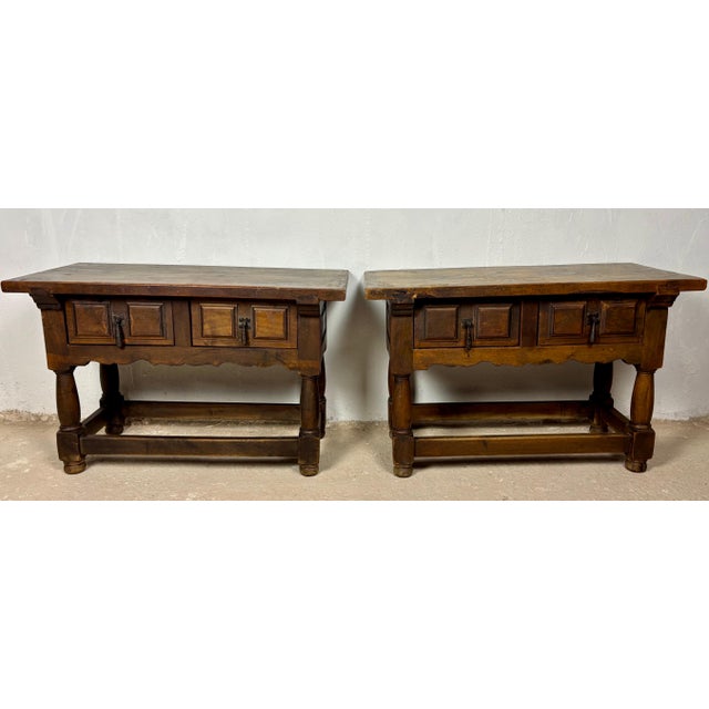 1900 - 1909 Pair of Early 20th Century Spanish Rustic Oak Side Tables with Drawers, 1900s For Sale - Image 5 of 12