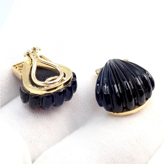Vintage Estate Cartier Yellow Gold Diamond Onyx Shell Earrings, Pair For Sale - Image 11 of 11