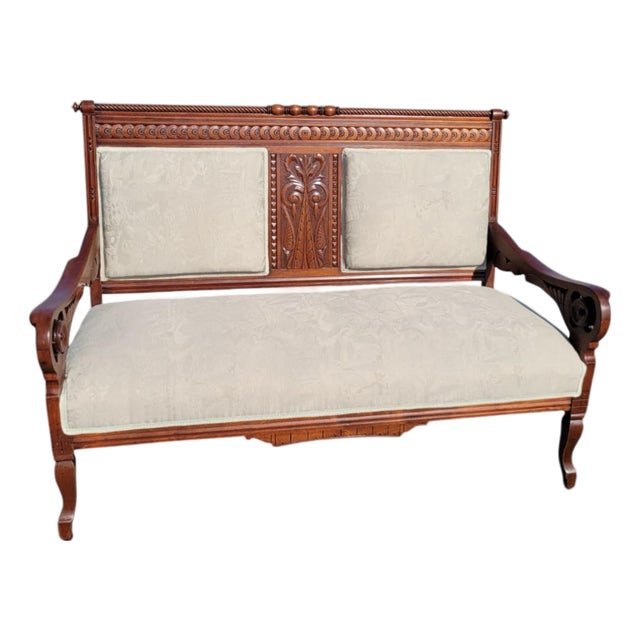 Antique 19th C Eastlake Loveseat Refinished Walnut Victorian Upholstered Settee For Sale