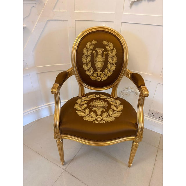 Large Vintage Louis XVI Style Giltwood Dining Chairs with Silk Damask Upholstery, 1940, Set of 42 For Sale - Image 15 of 18