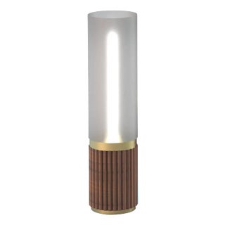 Tambo Cylindro Mini Accent Table Lamp - Dark Walnut, Weathered Brass, Frosted Acrylic, Dimmer Switch, 18" For Sale