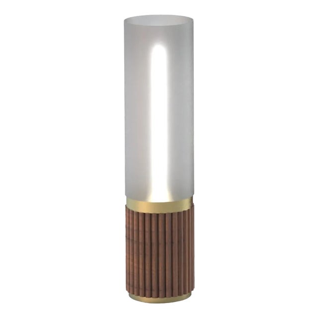 Tambo Cylindro Mini Accent Table Lamp - Dark Walnut, Weathered Brass, Frosted Acrylic, Dimmer Switch, 18" For Sale