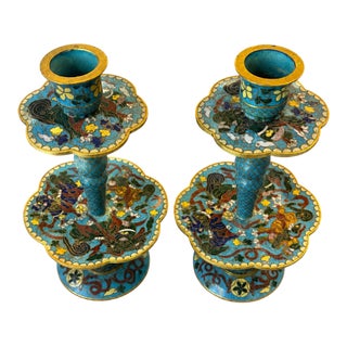Pair of Vintage Chinese Cloisonné Enamel Candlesticks With Dragon Motif For Sale