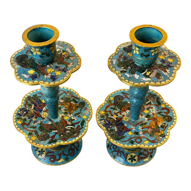 Pair of Vintage Chinese Cloisonné Enamel Candlesticks With Dragon Motif For Sale