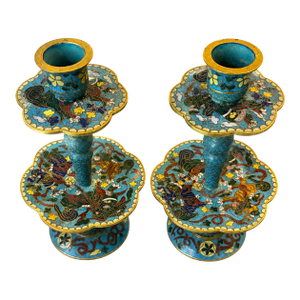 Pair of Vintage Chinese Cloisonné Enamel Candlesticks With Dragon Motif
