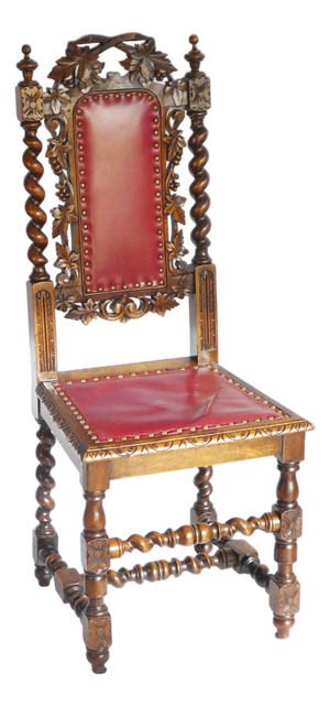 Antique Baroque Wooden Chair with Red Leather Seat, 1890s